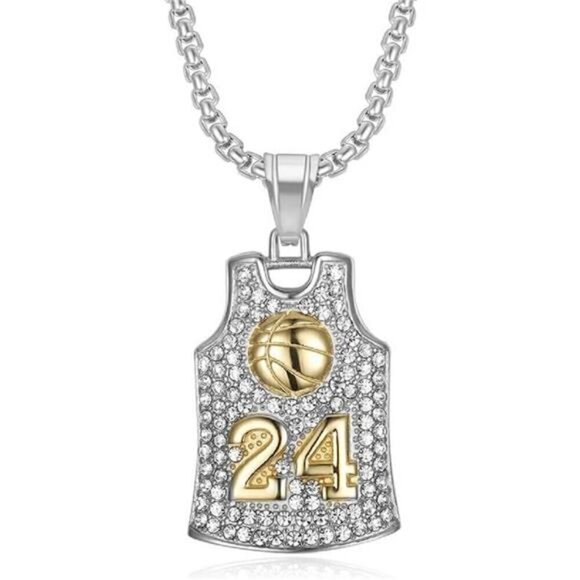 Kobe Bryant Number 24 Basketball Necklace Basketball Jersey Necklace NEW Silver